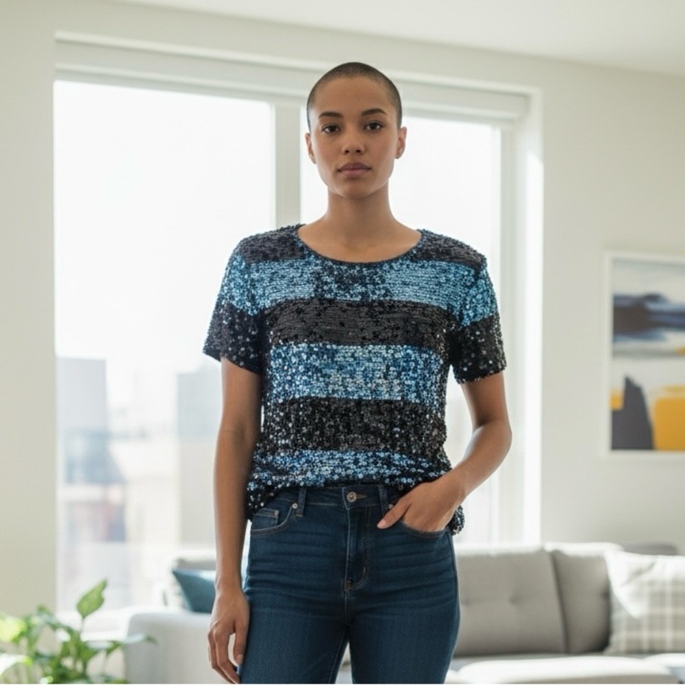 Sequin Striped Dark and Light Blue Women's Top by Diab’less